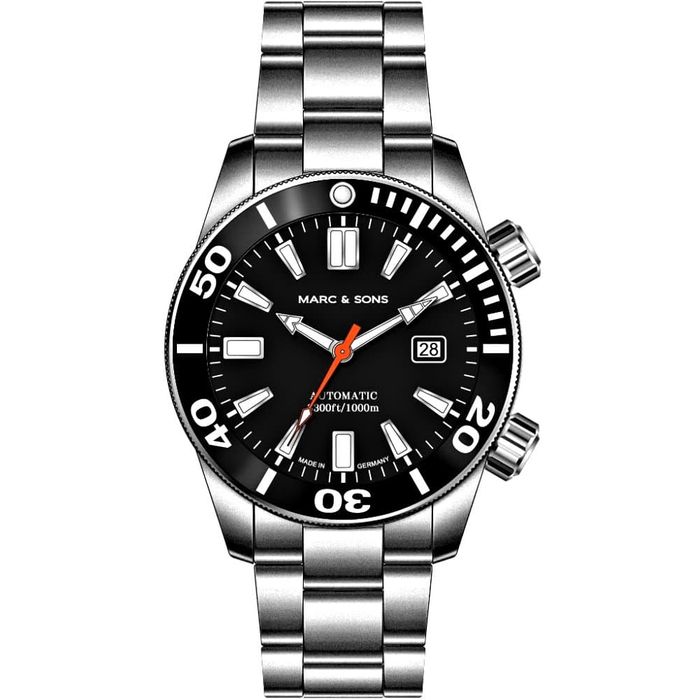 Marc & Sons Professional Automatic Diver Men\'s Watch 46mm Black Bezel/Black Dial/Orange S-Hand MSD-028-24S2